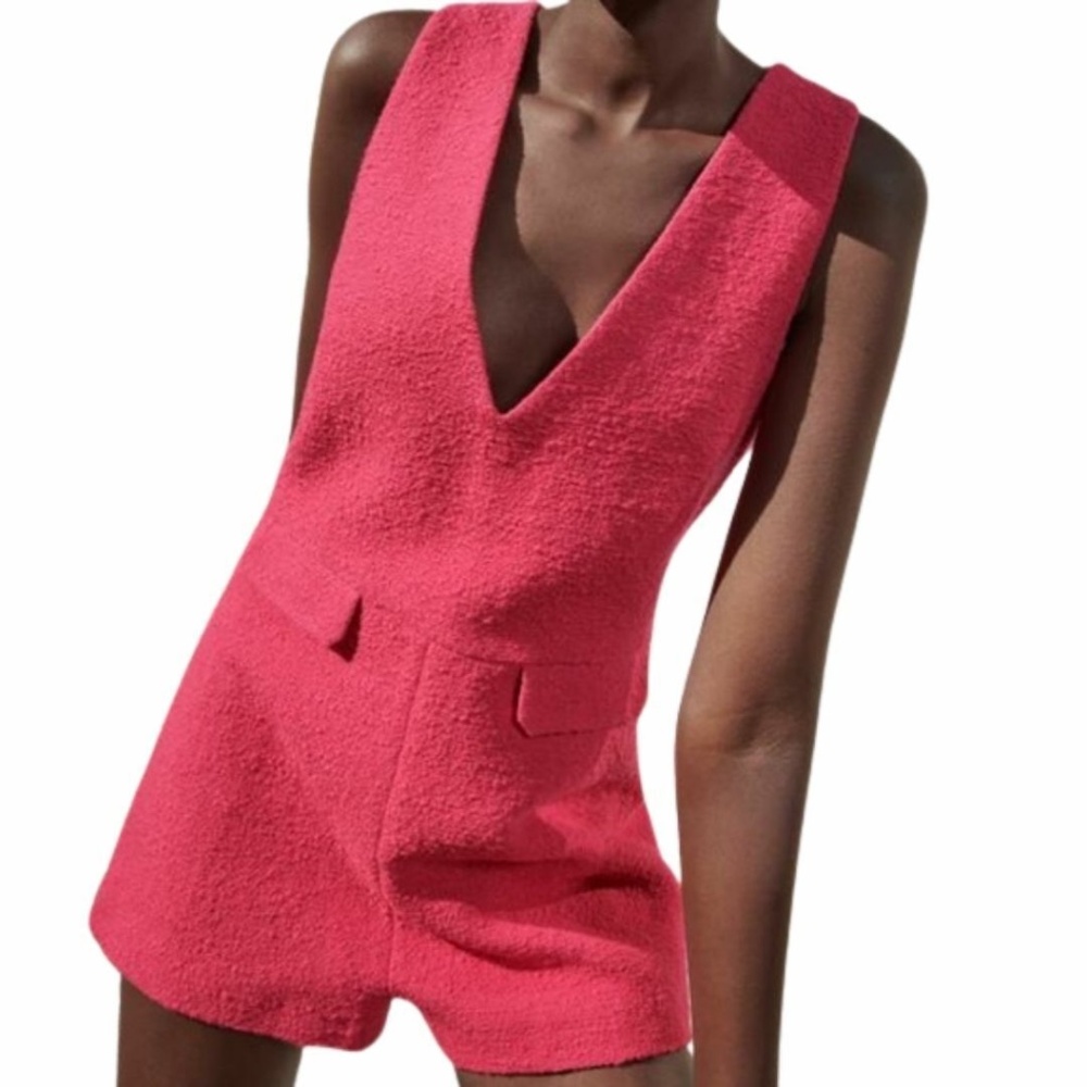 New ZARA Texture Weave Jumpsuit Short Fuchsia pink Size XS Classic Fit Party